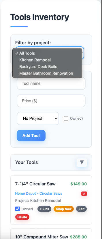 diy home project planner. track tools