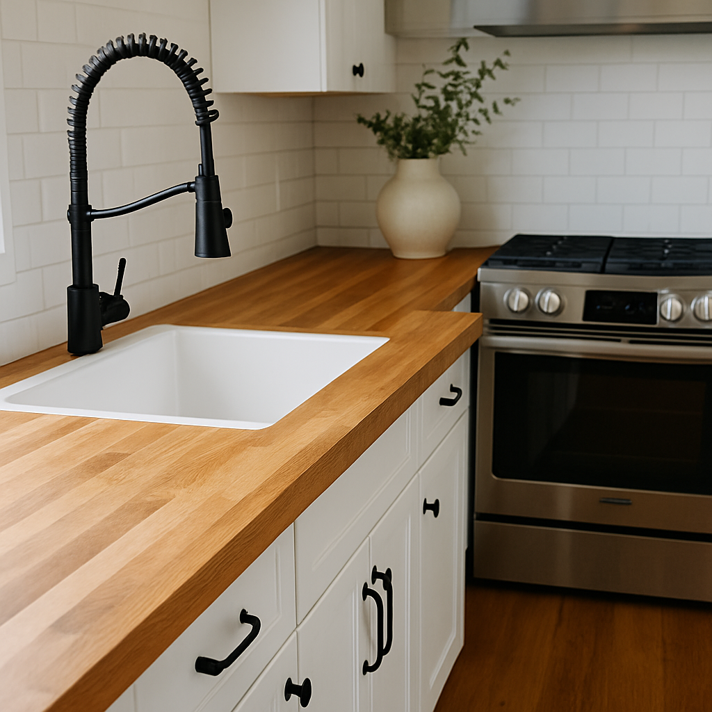 Modern kitchen with natural wood butcher block countertops, warm finish, and bright natural light highlighting the clean surface