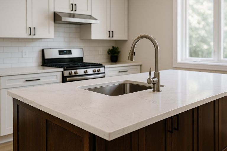 Modern kitchen with upgraded countertops including a butcher block island, glossy epoxy marble-style surface, and concrete or tile accents, styled bright and clean with the Gold Team Home logo in the corner.