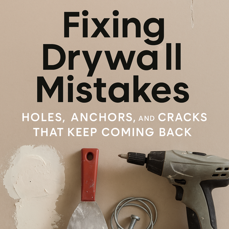 Beige wall showing patched drywall area, cracks, and repair tools including a red-handled putty knife, wall anchor, and cordless screwdriver, with the title 'Fixing Drywall Mistakes: Holes, Anchors, and Cracks That Keep Coming Back' and the Gold Team Home logo.