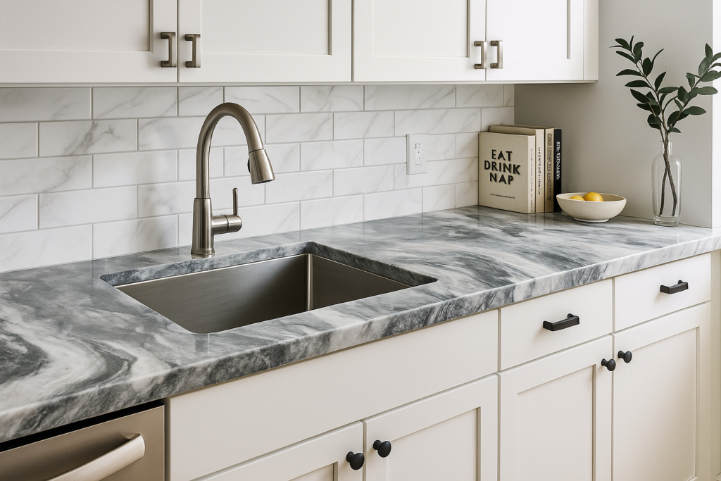 Modern kitchen with glossy epoxy countertops featuring a white and gray marble-like finish, stainless steel undermount sink, and white subway tile backsplash.
