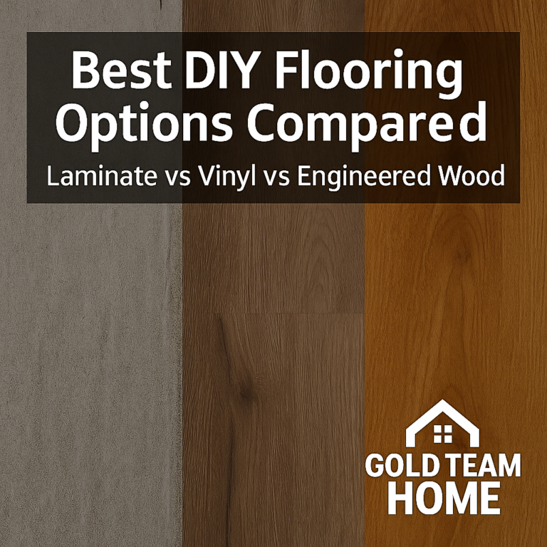 Featured image for Gold Team Home showing side by side flooring textures of laminate, vinyl plank, and engineered wood with overlay text ‘Best DIY Flooring Options Compared – Laminate vs Vinyl vs Engineered Wood’ and the Gold Team Home logo in the bottom right corner.