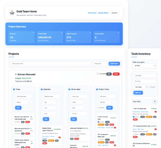 Gold Team Home DIY project planner dashboard with tasks, budgets, and tools