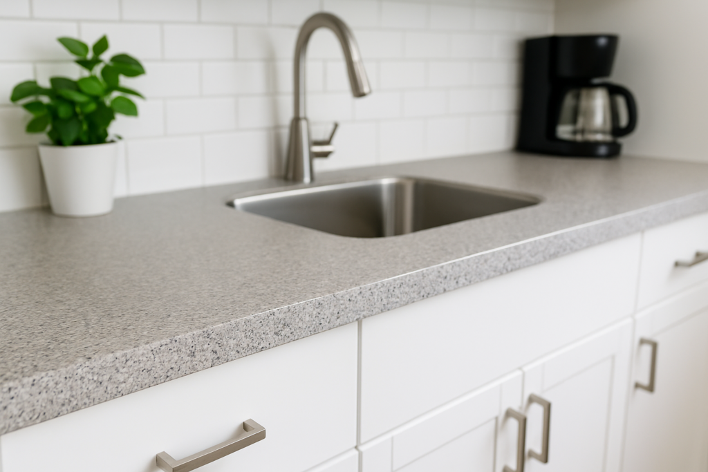 Modern kitchen with a gray speckled laminate countertop, stainless steel sink, white subway tile backsplash, and minimal decor