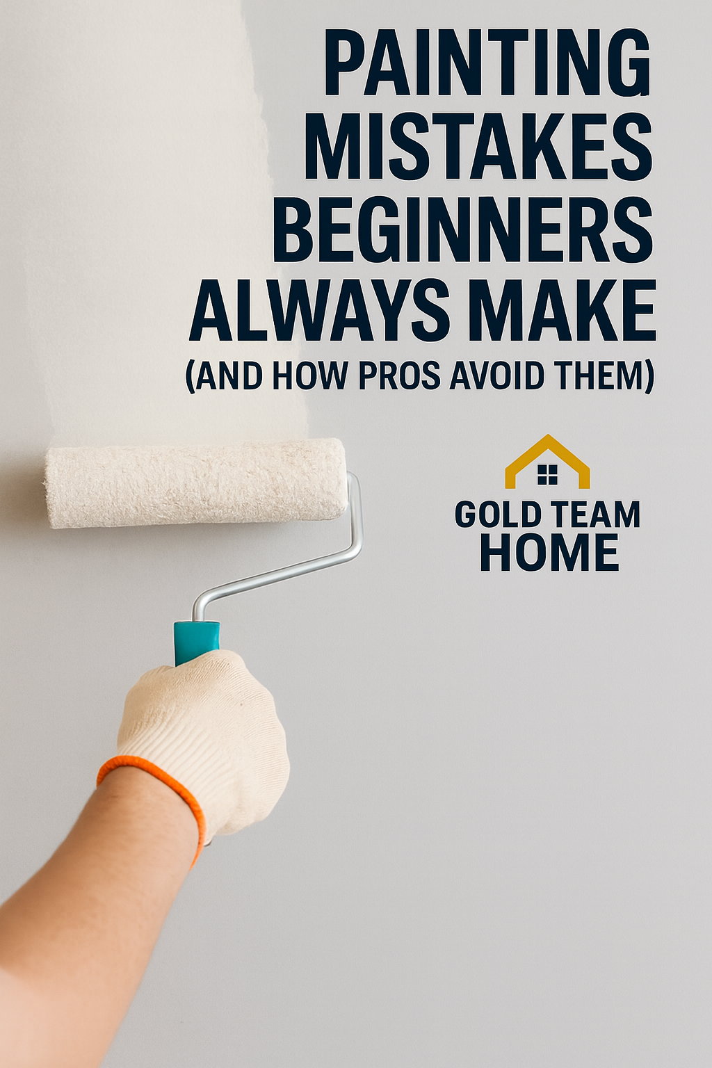 Featured image showing a person painting a light gray wall with a roller, overlaid with the title 'Painting Mistakes Beginners Always Make (And How Pros Avoid Them)' in clear black text, with the Gold Team Home logo in the bottom right corner.