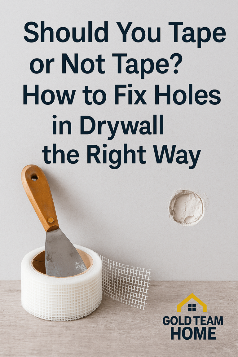 Featured image showing a close-up of drywall repair with a wooden-handled putty knife resting on a roll of mesh drywall tape next to a small patched hole, overlaid with the title 'Should You Tape or Not Tape? How to Fix Holes in Drywall the Right Way' and the Gold Team Home logo in the bottom right corner.