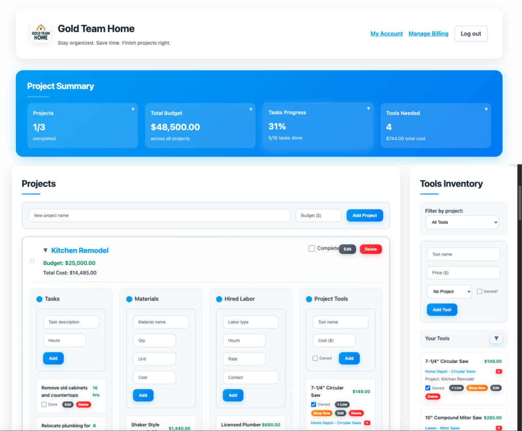 Gold Team Home DIY project planner dashboard with tasks, budgets, and tools