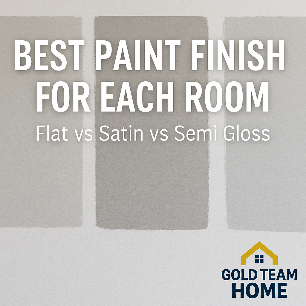 “Featured image for Gold Team Home showing three paint swatches in flat, satin, and semi gloss finishes with overlay text ‘Best Paint Finish for Each Room – Flat vs Satin vs Semi Gloss’ and the Gold Team Home logo in the corner.”