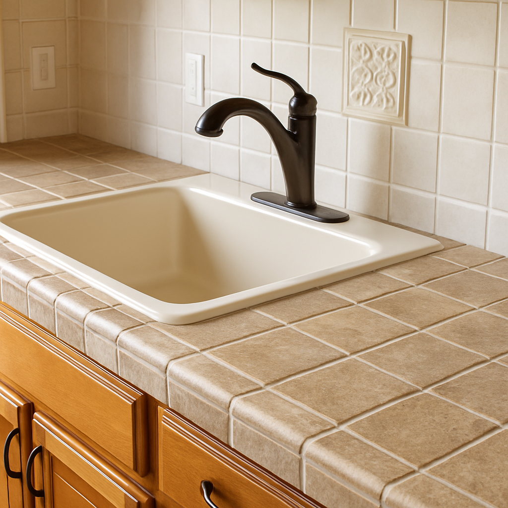 Kitchen with beige ceramic tile countertops featuring gray grout lines, undermount sink with oil-rubbed bronze faucet, and a matching tiled backsplash with a decorative accent tile.