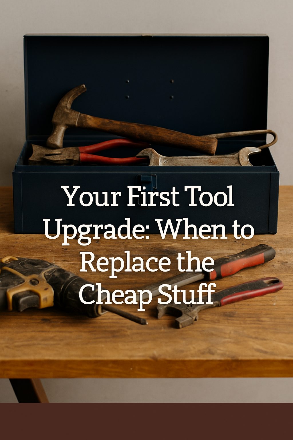 A photo of a well-used wooden workbench with an open tool box containing worn, non-reflective hand tools. Overlay text reads “Your First Tool Upgrade: When to Replace the Cheap Stuff” with the Gold Team Home logo visible at the bottom.