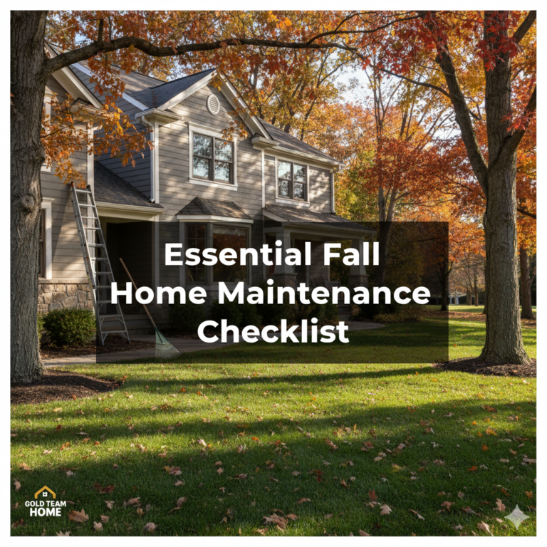 Fall home exterior with leaves and maintenance tools, featuring overlay text ‘Essential Fall Home Maintenance Checklist’ by Gold Team Home.