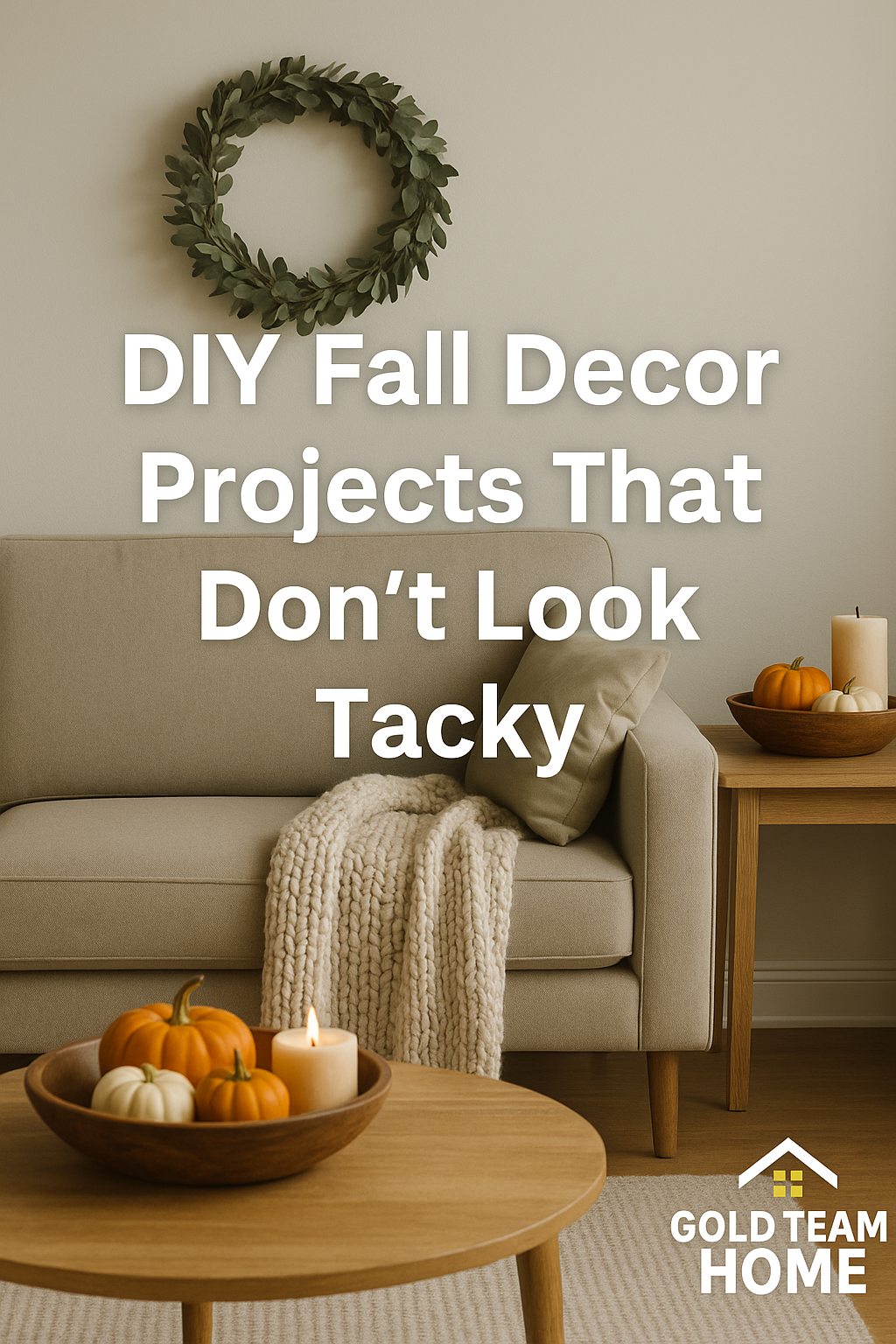 Cozy modern living room with eucalyptus wreath, chunky knit throw, pumpkins, and candles on wooden tables. Overlay text reads ‘DIY Fall Decor Projects That Don’t Look Tacky’ with Gold Team Home logo.