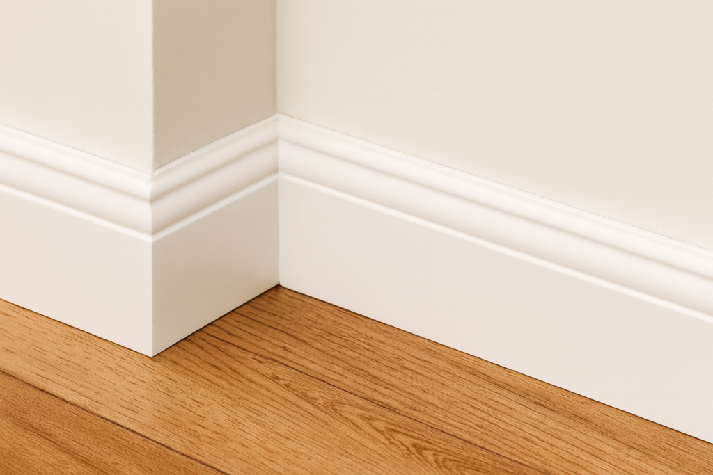 Close-up of a modern room corner where crisp white baseboards meet a beige wall and light wood flooring.
