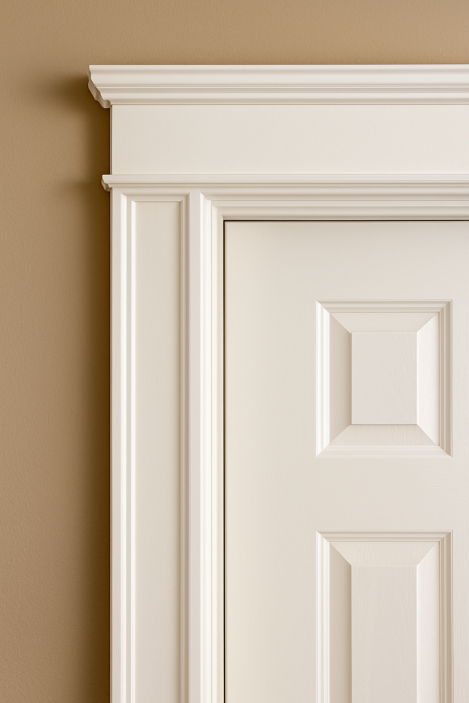 Close-up of an interior doorway framed with white colonial-style casings against a beige wall.