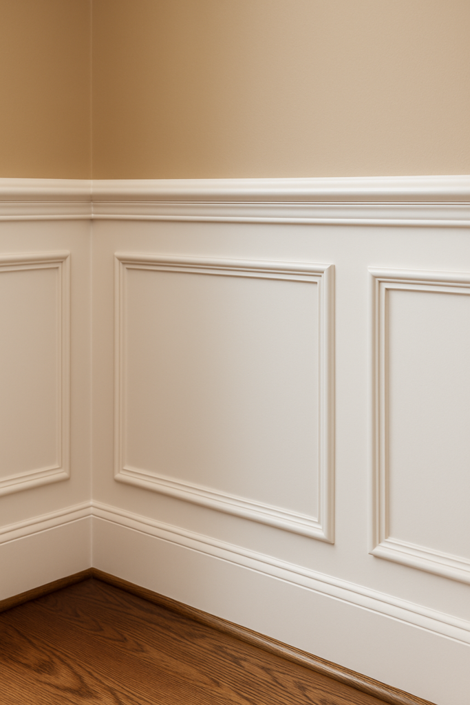 Dining room wall with crisp white chair rail molding and wainscoting panels below, contrasted with beige paint above and hardwood flooring at the base.