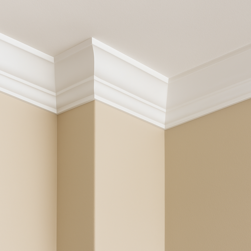 Close-up of a beige wall corner where white crown molding meets the ceiling, with crisp edges and smooth painted finish.