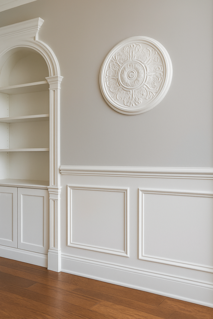 Interior wall featuring specialty trim, including decorative picture frame molding, a circular wall medallion, and an arched built-in shelf with detailed casings, all painted white against a light gray wall.