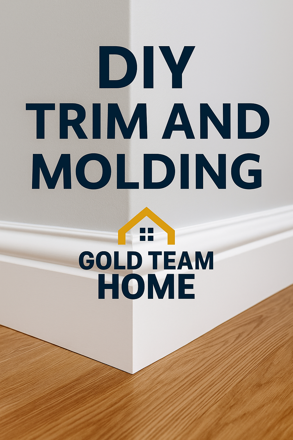 Featured image of a bright modern room corner with crisp white crown molding and tall baseboards, overlaid with the text “DIY Trim & Molding Made Simple – Choose, Install, and Finish Like a Pro,” and the Gold Team Home logo in the bottom right corner.