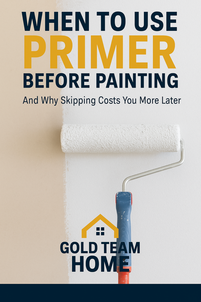 Featured image showing a paint roller applying white primer onto drywall with visible paint strokes. Overlay text reads ‘When to Use Primer Before Painting – Avoid Costly DIY Mistakes’ with the Gold Team Home logo in the corner
