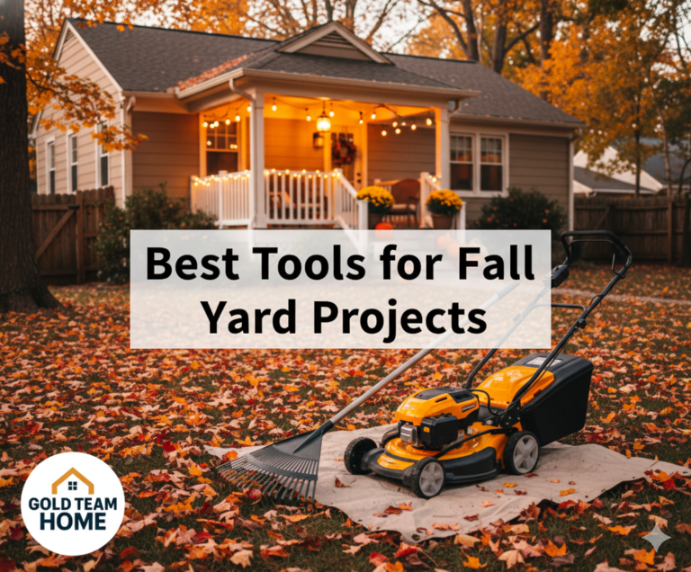 Suburban backyard in autumn with leaves, ergonomic rake, and mulching mower in the foreground and warm lighting on the porch.