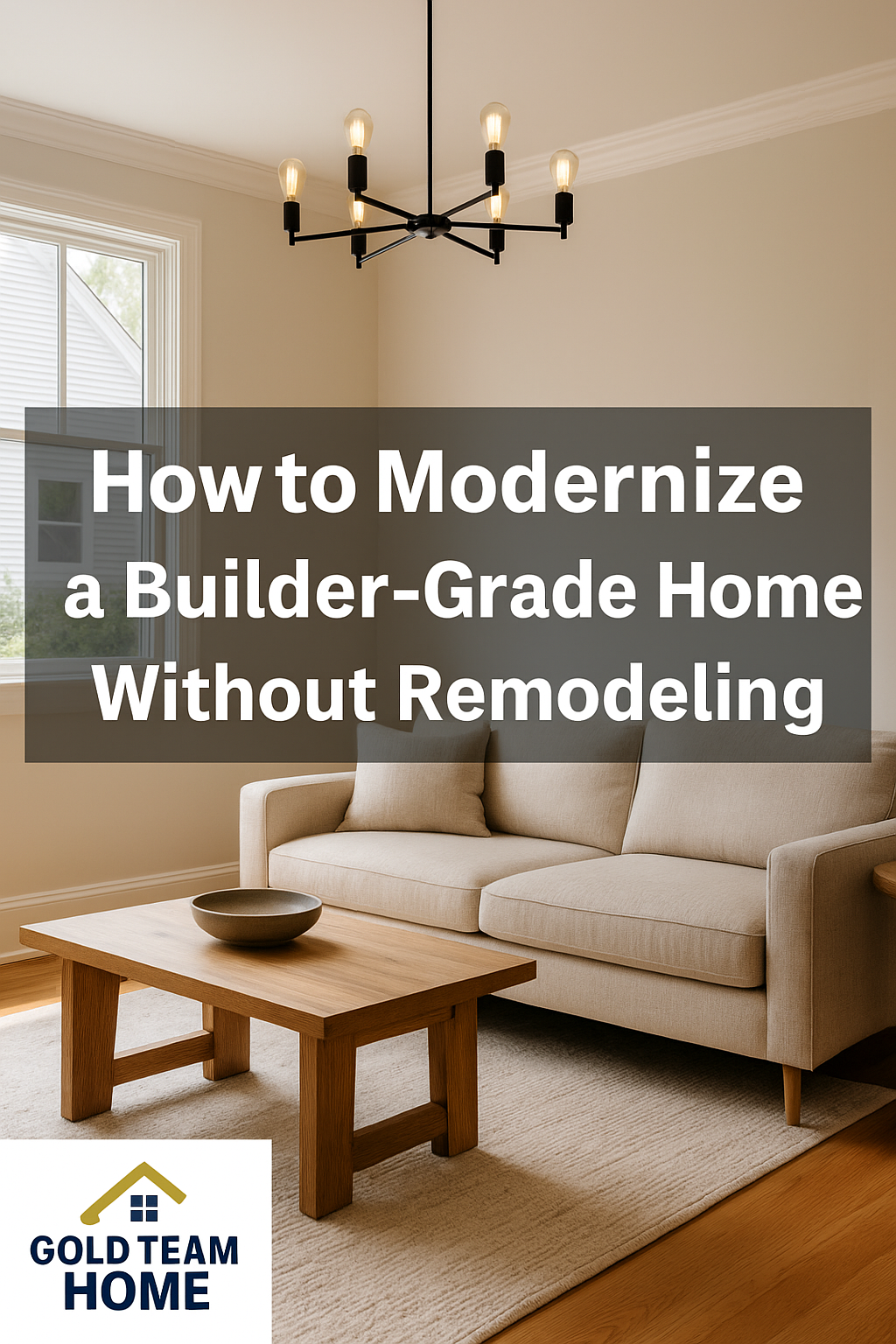 Modern living room with beige sofa, oak coffee table, black chandelier, and natural light. Overlay text reads ‘How to Modernize a Builder-Grade Home Without Remodeling’