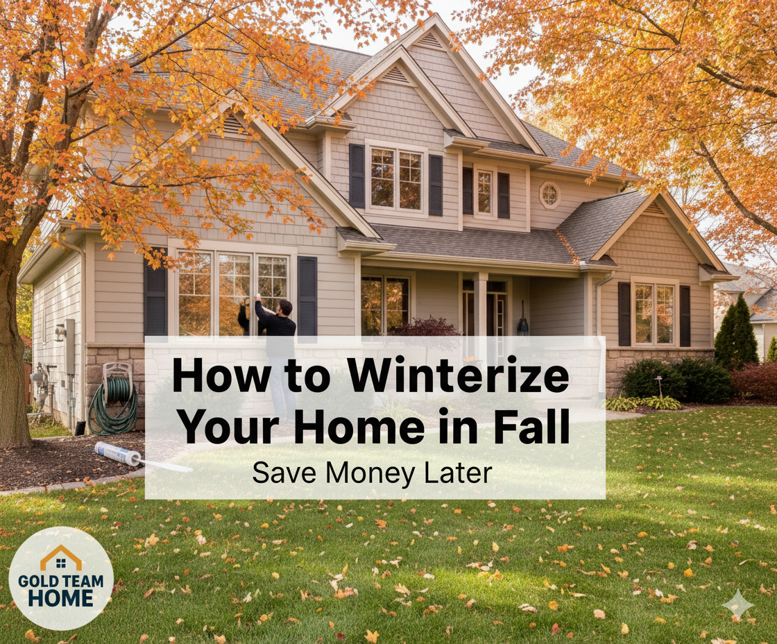 Cozy suburban home exterior in late fall with subtle maintenance details like caulking windows and stored garden hose. Overlay text reads ‘How to Winterize Your Home in Fall – Save Money Later’ with Gold Team Home logo.