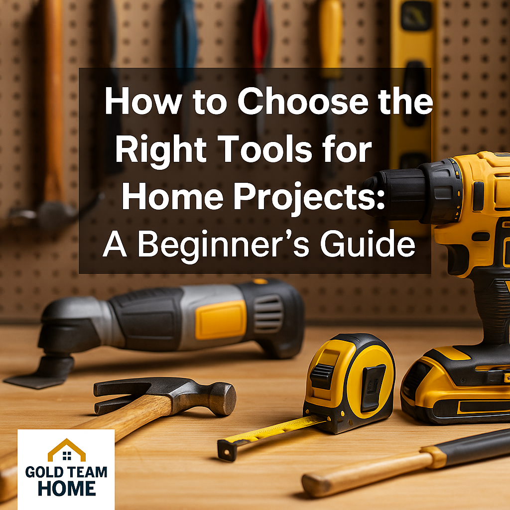 A modern home workspace with a wood desk, a cordless drill, tape measure, safety glasses, utility knife, level, and other essential DIY tools arranged neatly beside a laptop. The screen displays a clean tool planning layout. The Gold Team Home logo is blended naturally in the bottom corner, reinforcing the theme of choosing the right tools for home projects.