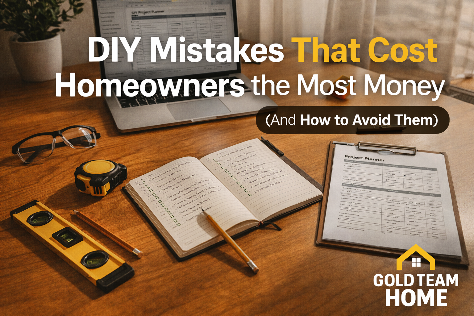 A neatly organized home workspace with a laptop open to a DIY project planner, a checklist notebook, tape measure, level, and safety glasses on a wooden desk. Text overlay reads “DIY Mistakes That Cost Homeowners the Most Money (And How to Avoid Them)” with the Gold Team Home logo in the corner.
