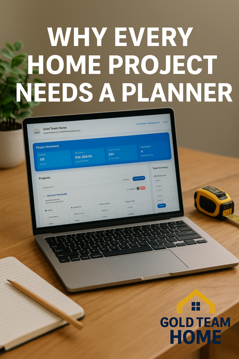 A clean, modern home office workspace with a laptop open to the Gold Team Home Project Planner dashboard, showing project budgets, task progress tracking, and tool inventory. Gold Team Home branding appears naturally on screen to represent organized project planning for homeowners.