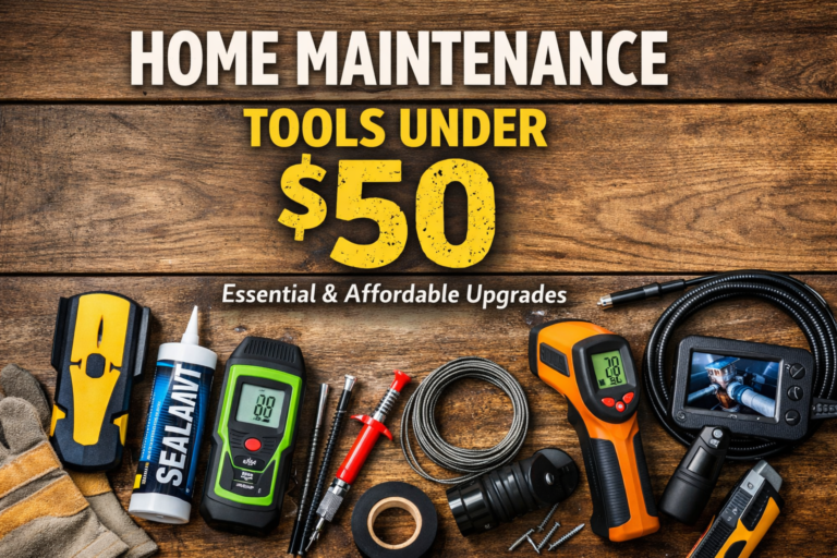Home maintenance tools under $50 laid out on a workbench including stud finder, moisture meter, infrared thermometer, sealant, and inspection camera