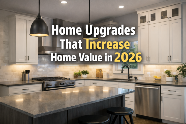 Modern kitchen with white shaker cabinets, quartz island, black pendant lights, and stainless steel appliances featuring overlay text “Home Upgrades That Increase Home Value in 2026” with Gold Team Home branding.