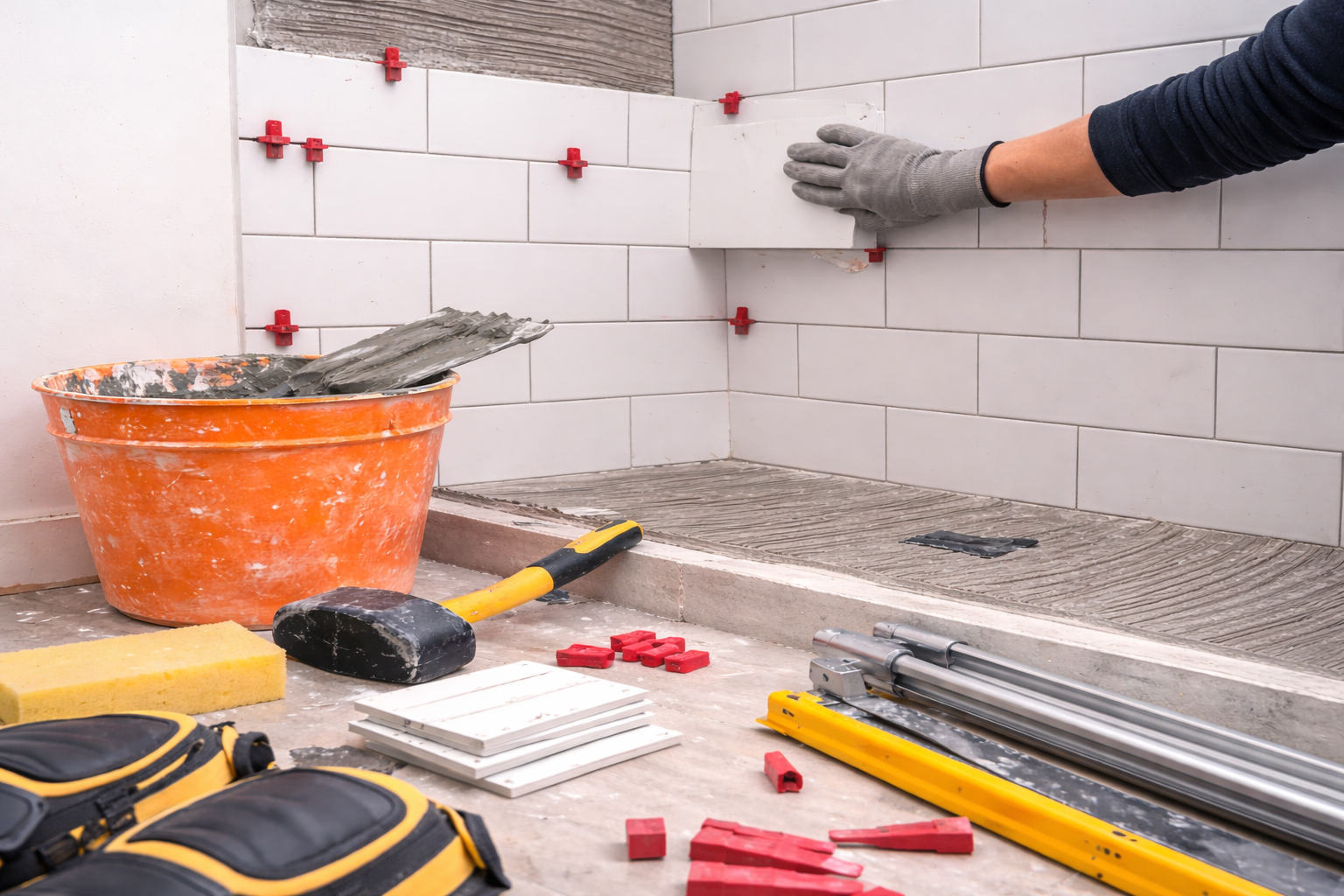 Bathroom retiling in progress with freshly installed ceramic wall tiles, exposed grout lines, and renovation tools in a modern bathroom setting.