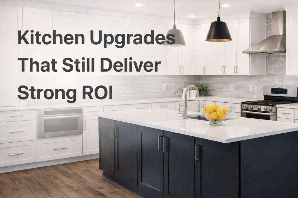 Modern kitchen renovation with white shaker cabinets, quartz countertops, dark island, and updated lighting illustrating kitchen upgrades that deliver strong return on investment.