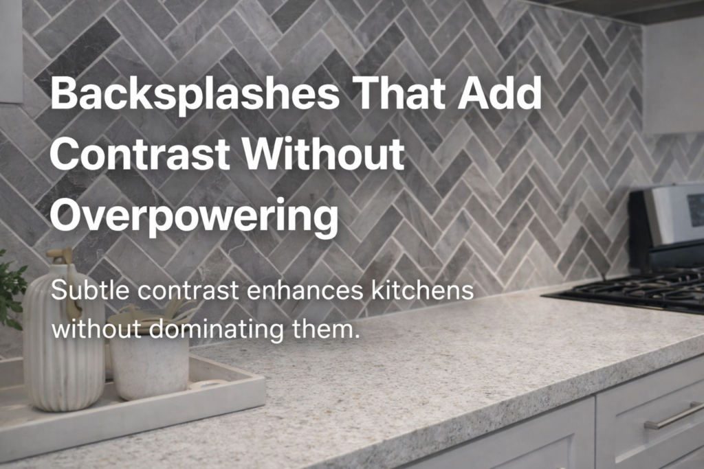 Modern kitchen backsplash with gray herringbone tile above a light quartz countertop, showing how subtle contrast adds depth and visual interest without overpowering the space.