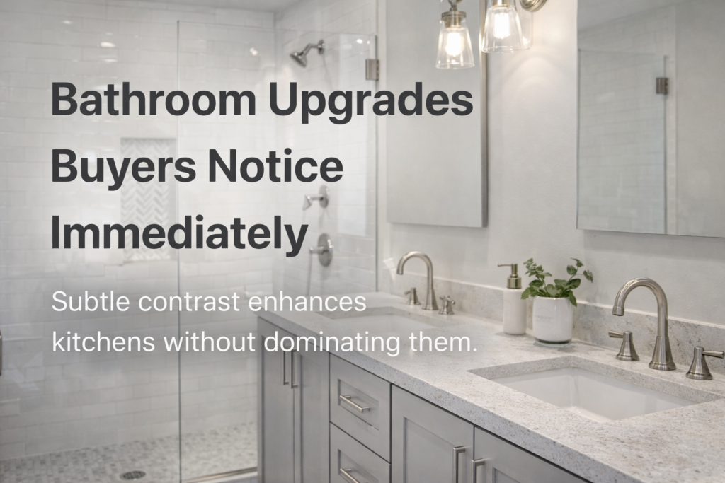 Modern bathroom with double vanity, white quartz countertops, brushed nickel fixtures, and a glass walk-in shower, illustrating bathroom upgrades buyers notice immediately.