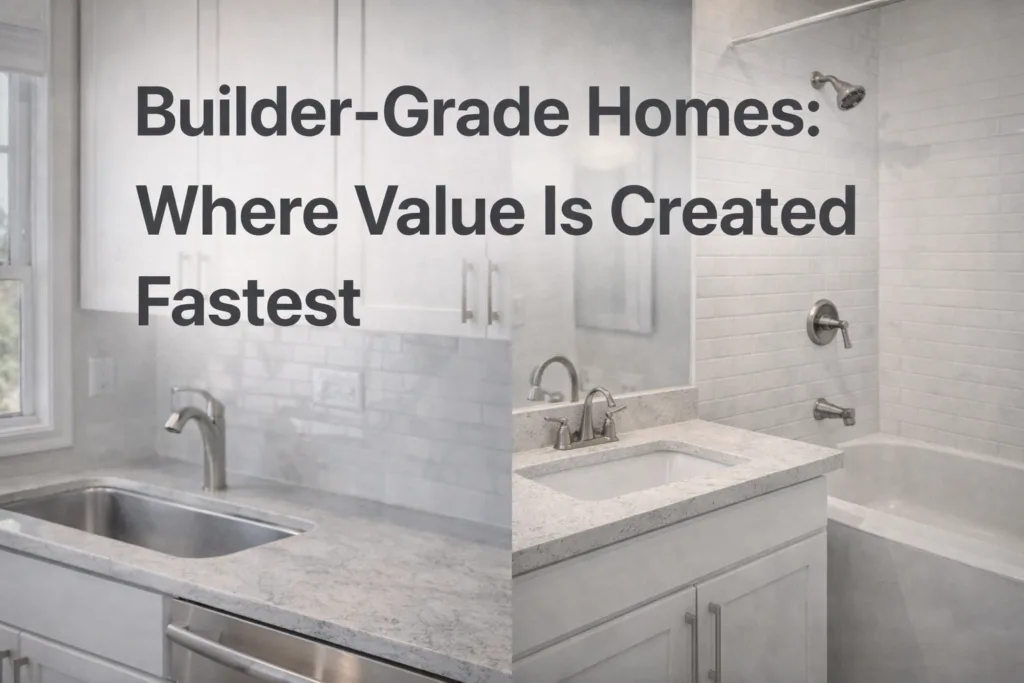 Builder-grade kitchen interior with neutral finishes, durable materials, and simple design choices that maximize resale value and cost efficiency in new construction homes.