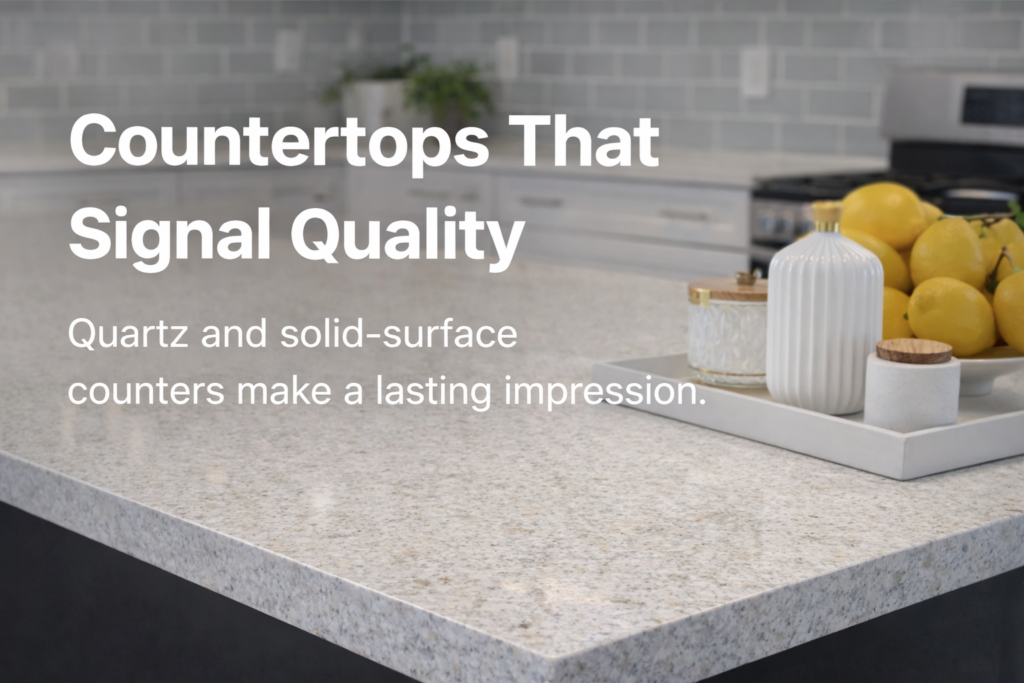 Modern kitchen with light quartz countertops and a neutral tile backsplash, highlighting clean finishes and high-quality materials that signal value and durability.