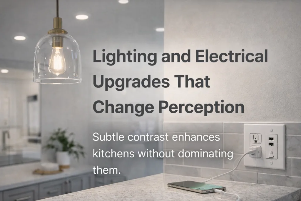 Modern kitchen lighting upgrade with glass pendant light, recessed ceiling lights, and USB wall outlet showing how updated lighting and electrical features change the feel and perceived quality of a space.
