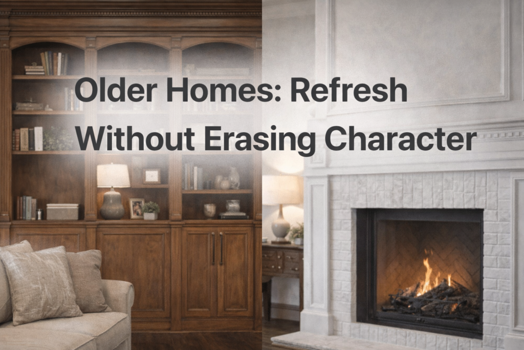 Older home living room featuring original wood built-in shelving and a classic fireplace alongside refreshed finishes, illustrating how to modernize an older home without erasing its original character.