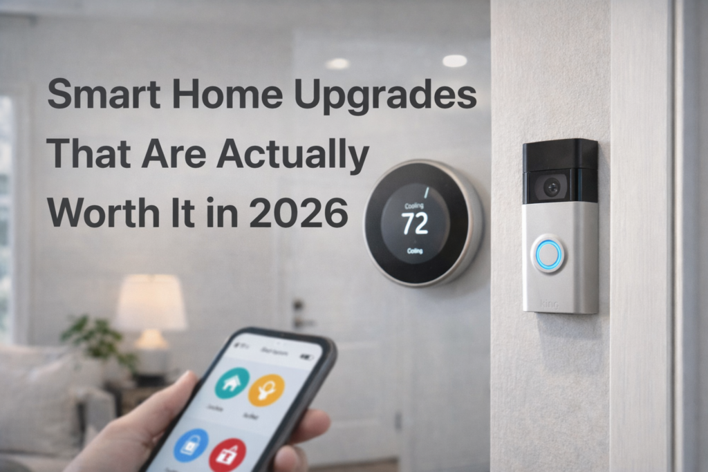 Smart home devices including a wall-mounted smart thermostat, video doorbell, and smartphone app interface, illustrating smart home upgrades that are actually worth it in 2026.