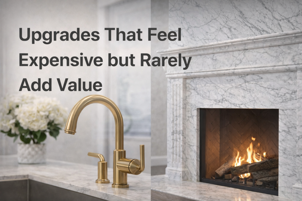 Luxury kitchen faucet and marble fireplace shown as high-end home upgrades that look expensive but typically provide little return on investment for resale value.
